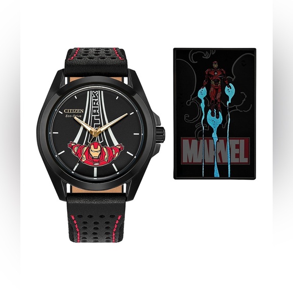 Citizen Marvel Disney Official Iron Man Stainless Steel Leather Watch & Pin,NWT - Picture 5 of 13